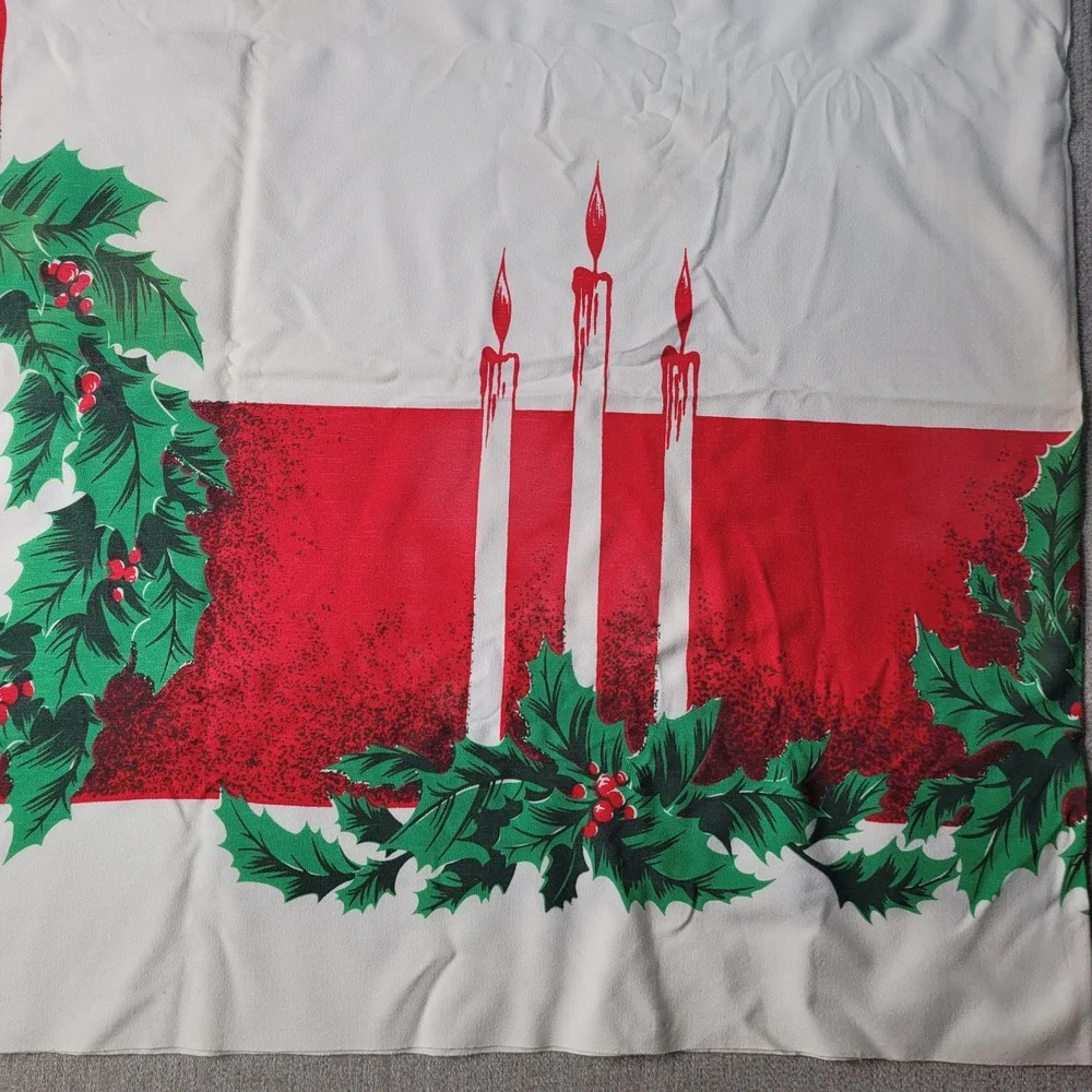 Vintage California Hand Prints Christmas Tablecloth Wreath Candle MCM 60